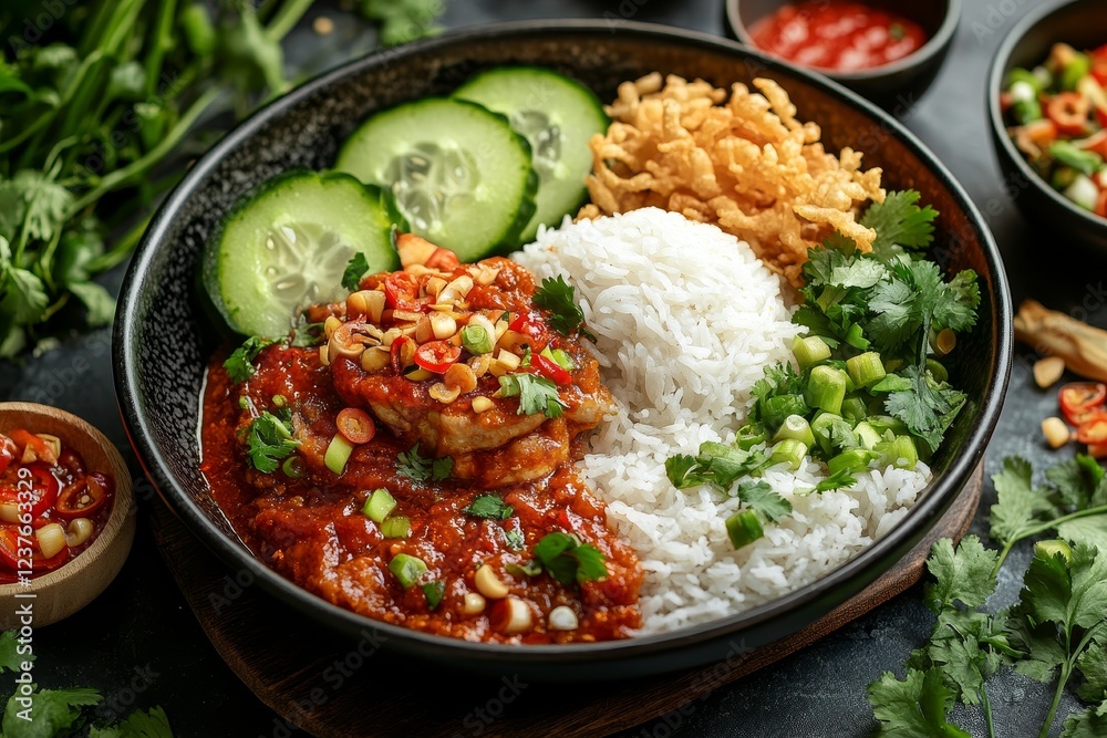 Spicy peanut chicken rice bowl, fresh cucumber, garnish Spicy peanut chicken rice bowl, fresh cucumber, garnish