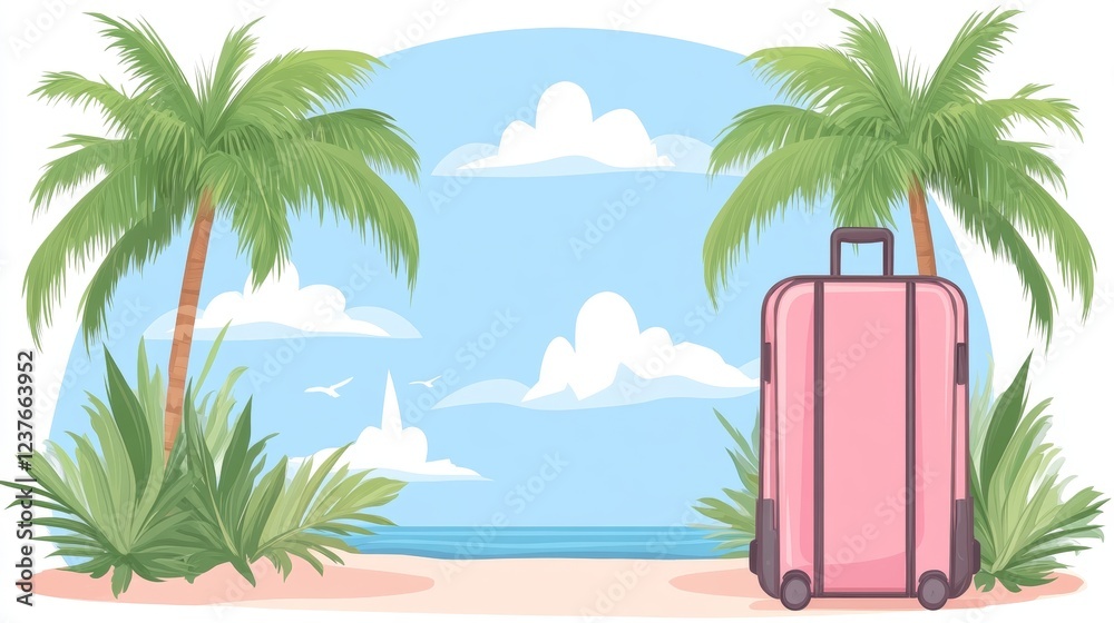 Fototapeta premium Pink Suitcase on Tropical Beach Vacation Scene