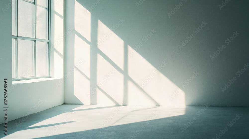 Sunlit Empty Room Interior with Large Window, Minimalist Design, Bright Sunlight and Shadows Sunlit Empty Room Interior with Large Window, Minimalist Design, Bright Sunlight and Shadows
