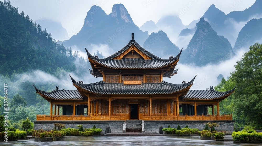 Obraz premium Ancient Temple in Misty Mountains: A majestic traditional Chinese temple stands serenely amidst a breathtaking landscape of towering misty mountains.
