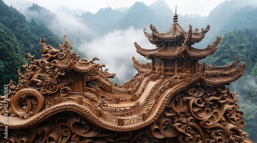 Dragon Bridge and Pagoda: A stunning architectural masterpiece, a wooden dragon bridge winds its way up a mountainside to a traditional pagoda. photo