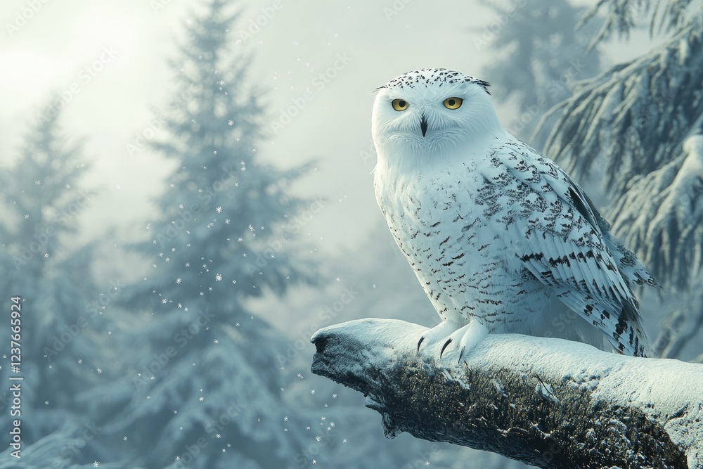 Snowy owl perching on branch in winter forest Snowy owl perching on branch in winter forest