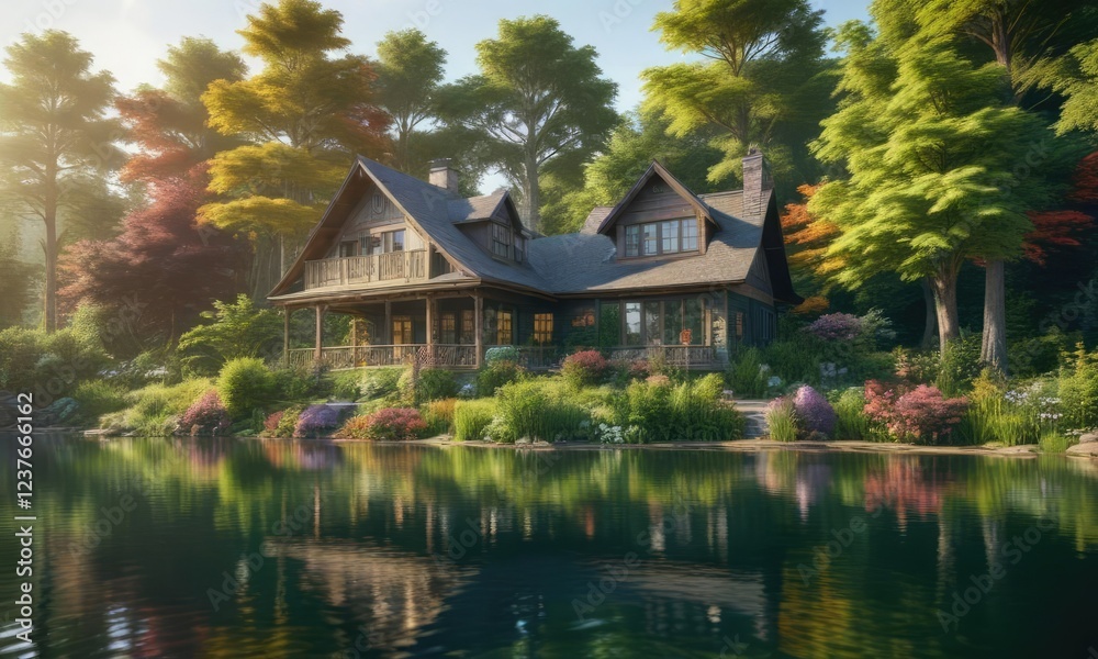 Lush greenery surrounds the charming lake house, trees, natural surroundings Lush greenery surrounds the charming lake house, trees, natural surroundings
