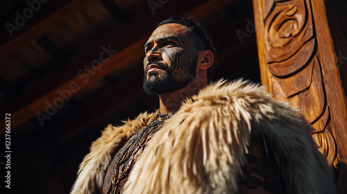 A dramatic low-angle shot of a Māori warrior in ceremonial attire, moko visible, standing in front of a carved wooden structure, the light casting long shadows photo