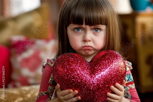 Commercial ad campaign conceptual art. Ð¡hildren valentine's day greeting card: child girl with begging eyes face holds red heart in hands. Sign of love. February love holiday. Love and kids. photo