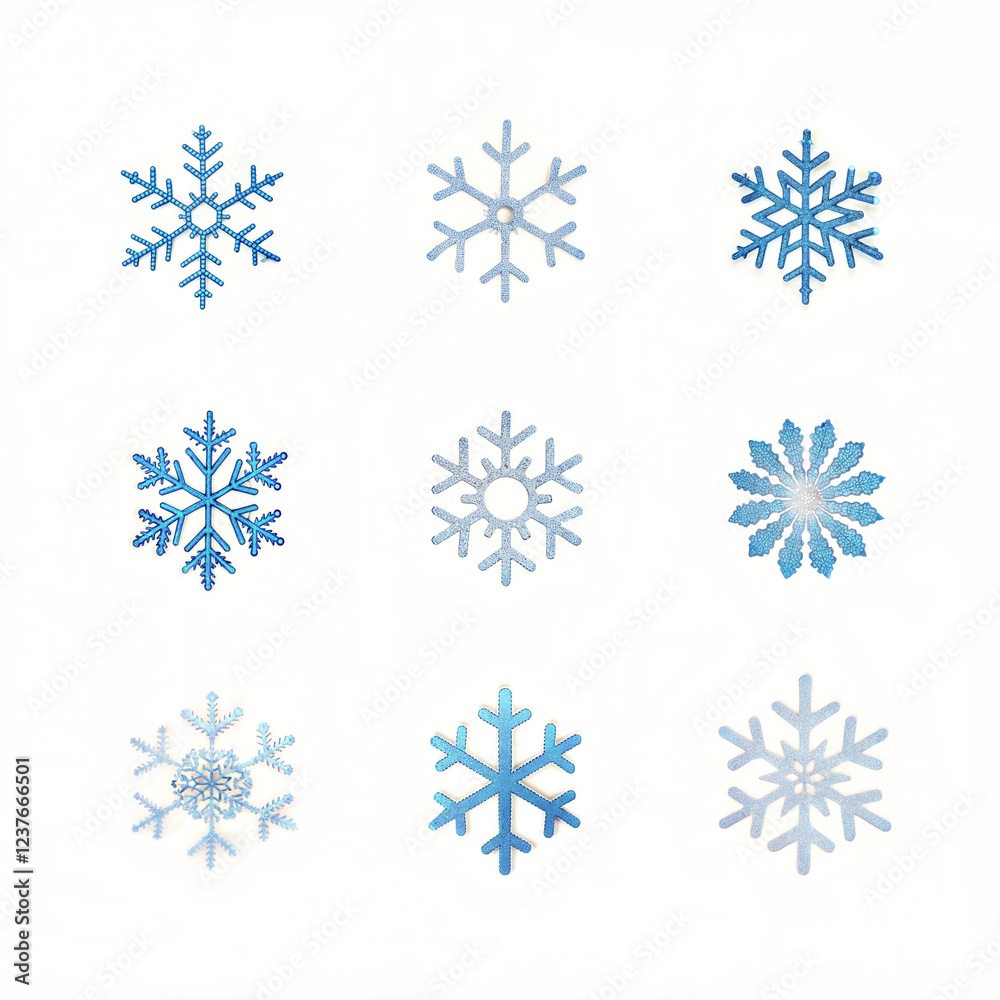 A set of snowflakes with different sizes and shapes. Some are larger than others. They are all blue A set of snowflakes with different sizes and shapes. Some are larger than others. They are all blue