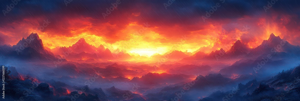 Fototapeta premium Fiery Sunset Over Volcanic Mountains: A Breathtaking Panorama