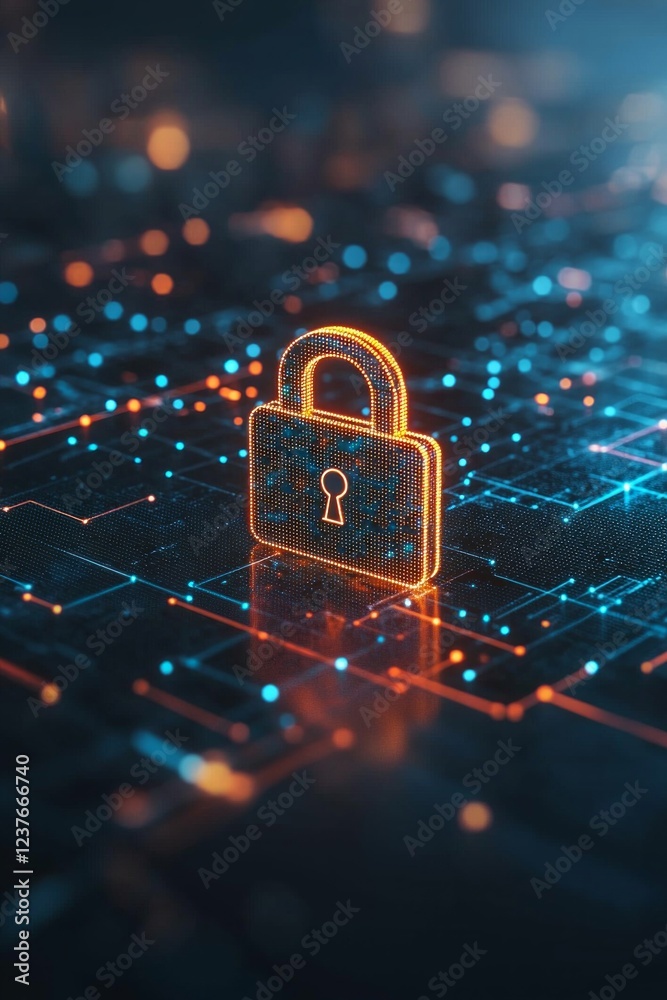 Cybersecurity concept with a digital padlock and data protection symbols on a virtual screen background, with an orange neon light effect Cybersecurity concept with a digital padlock and data protection symbols on a virtual screen background, with an orange neon light effect