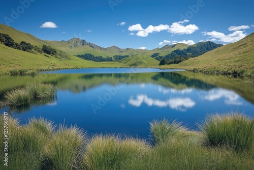 Calm lake reflecting green hills and cloudy sky