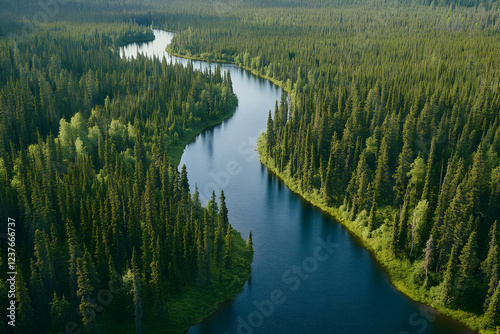 Aerial view River meandering through boreal forest