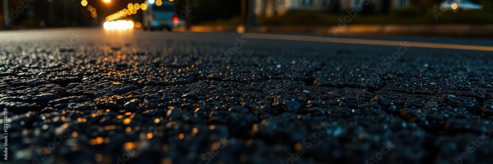 Fototapeta premium Macro shot of illuminated tarmac at night, showcasing intricate details of rough texture and glistening reflections, details, reflections