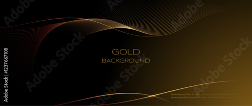 Abstract shiny gold luxury background. Vector illustration element with gold wave line, sparkle, texture on dark, black color background. Graphic design for event, cover business, banner template