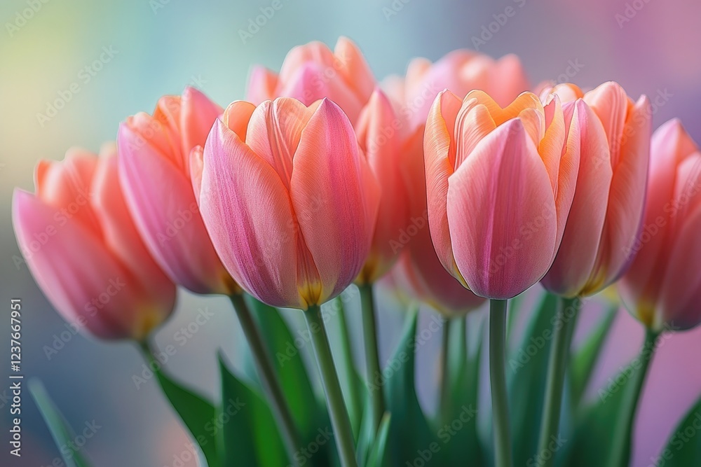 Fototapeta premium Pink and orange tulips blooming in spring bouquet