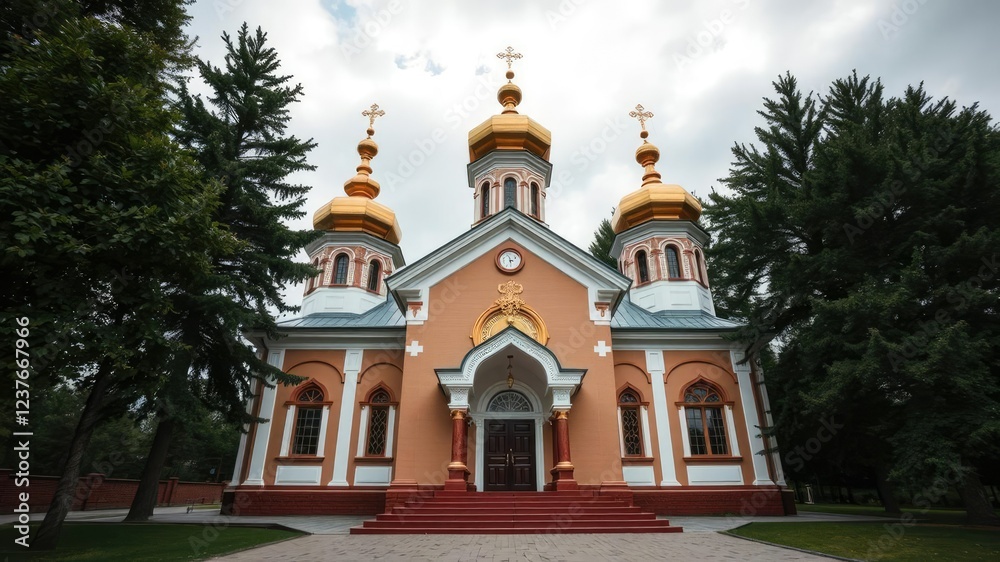 Majestic Russian Orthodox Church Exterior at Holy Dormition Monastery in Krasnoyarsk, monastery, stone walls Majestic Russian Orthodox Church Exterior at Holy Dormition Monastery in Krasnoyarsk, monastery, stone walls