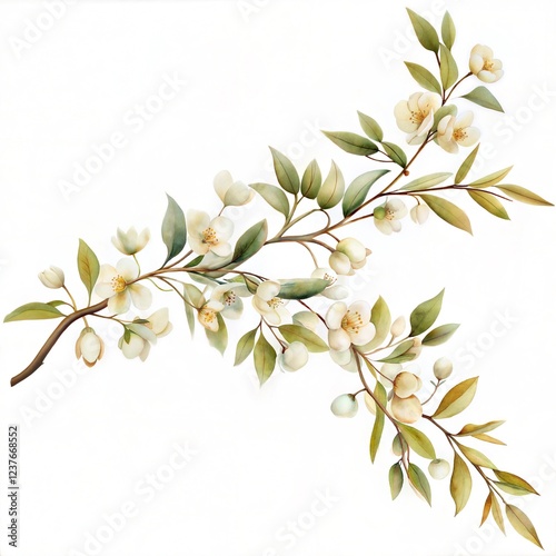 A white flower with green leaves. The flower is on a branch. The branch is on a stem