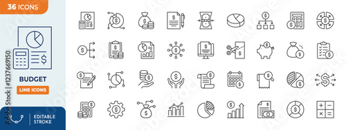 Budget Line Editable Icons set. Containing accounting, bookkeeping, distribution, and more. Vector illustration