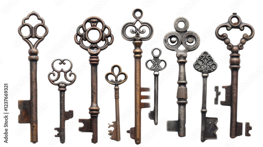 Obraz premium Set of ten ornate antique keys isolated on transparent background