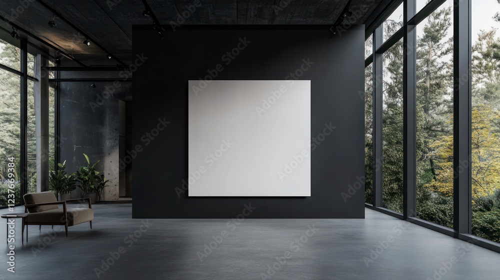 A mockup of an empty white canvas on the wall in a large format, in a frontal view. The background is an elegant black interior with concrete floors and glass windows that reveal the nature outside. A mockup of an empty white canvas on the wall in a large format, in a frontal view. The background is an elegant black interior with concrete floors and glass windows that reveal the nature outside.