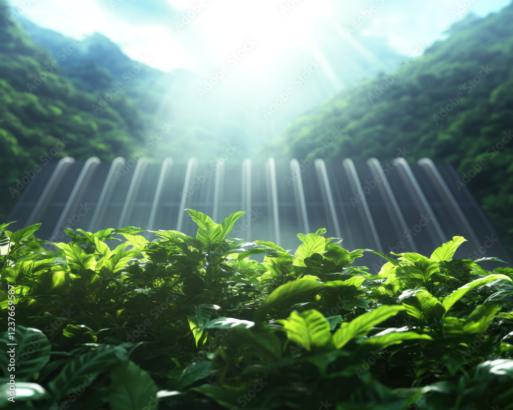 Lush rainforest ecosystem with sunlight illuminating green foliage and dam generating energy in background, showcasing nature beauty and technology harmony Lush rainforest ecosystem with sunlight illuminating green foliage and dam generating energy in background, showcasing nature beauty and technology harmony