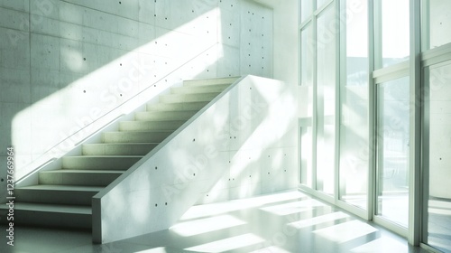 Modern Concrete Staircase with Sunlight Streaming Through Large Windows