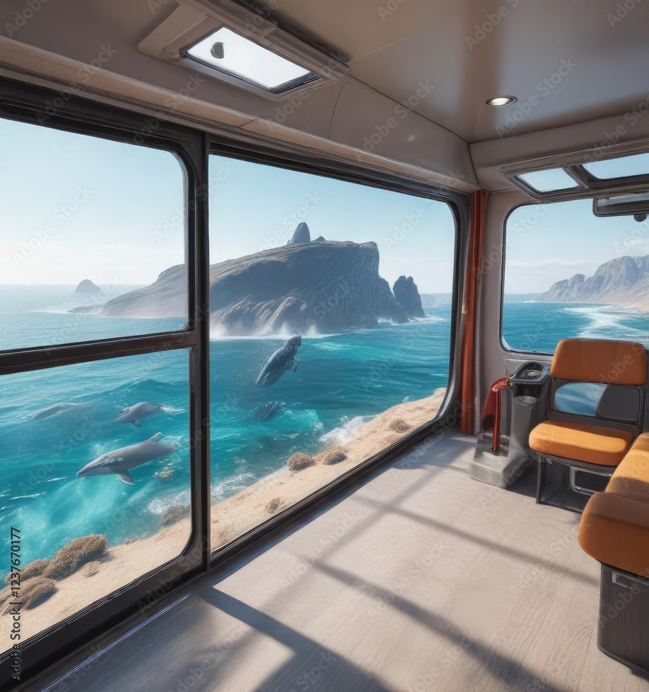Fototapeta premium Motorhome with large whales feeding in the distance through the window , whale, wildlife