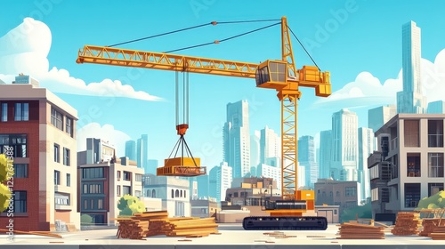 Urban Construction Crane: A vibrant illustration depicting a large yellow crane actively lifting building materials against a backdrop of a modern cityscape.
