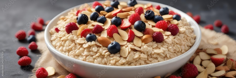 Oatmeal topped with an assortment of juicy berries and crunchy almonds in a delicate arrangement, almonds, berries, garnish Oatmeal topped with an assortment of juicy berries and crunchy almonds in a delicate arrangement, almonds, berries, garnish