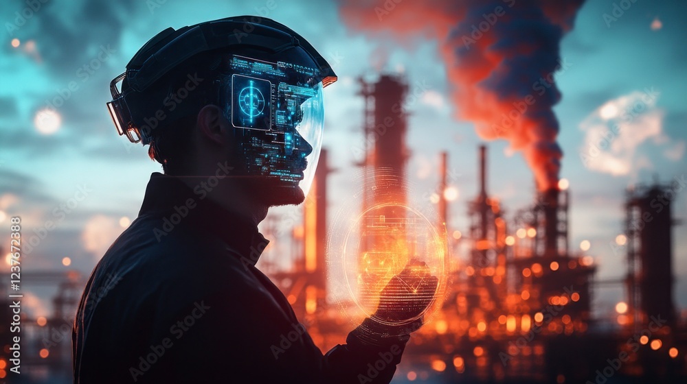 Fototapeta premium A digital art collage of an industrial worker with futuristic gear, standing in front of the glowing silhouette of a steel factory plant. 