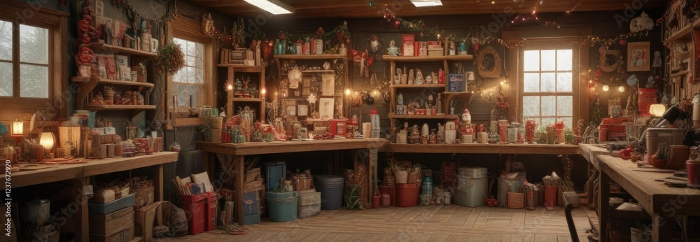Fototapeta premium Overcrowded garage with stacked boxes of holiday decorations and memories amidst a cluttered workbench, disorganization, clutter, garages