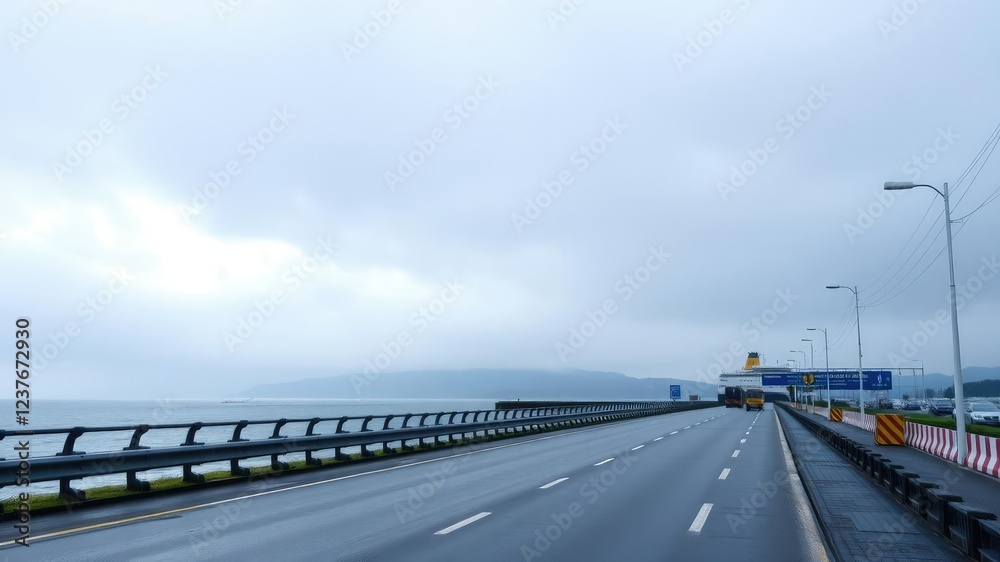 Overcast sky with misty rain falling on the road to the ferry terminal, rainy day, scenery, travel Overcast sky with misty rain falling on the road to the ferry terminal, rainy day, scenery, travel