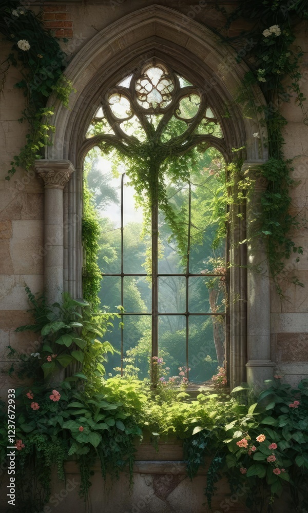Overgrown church window with lush green vines and flowering plants , architecture, foliage covered, foliage Overgrown church window with lush green vines and flowering plants , architecture, foliage covered, foliage