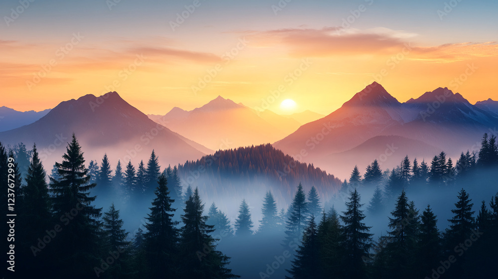 Obraz premium Breathtaking Mountain Landscape with Glowing Sunrise Sky and Misty Evergreen Forests mountain landscape