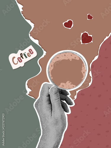 Trendy halftone collage. Hand with white cup effect halftone with hot coffee and hearts in scrapbooking style. Colors mocha mousse
