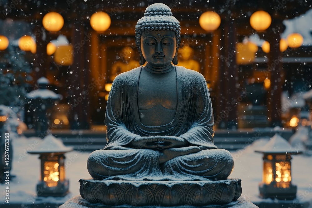 Fototapeta premium Snow-covered Buddha statue in temple garden