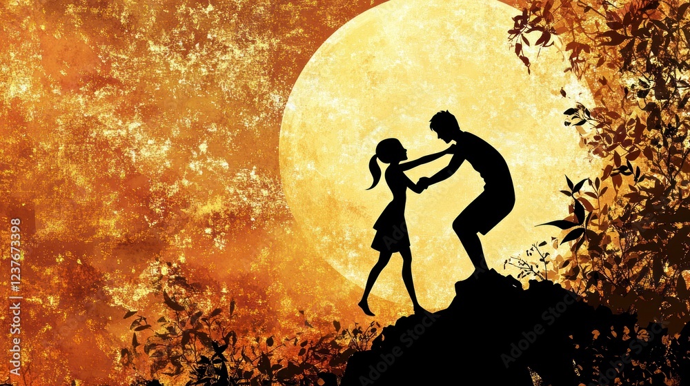 A silhouette of one person helping another to reach the top, with golden sunset in background. A silhouette of one person helping another to reach the top, with golden sunset in background.