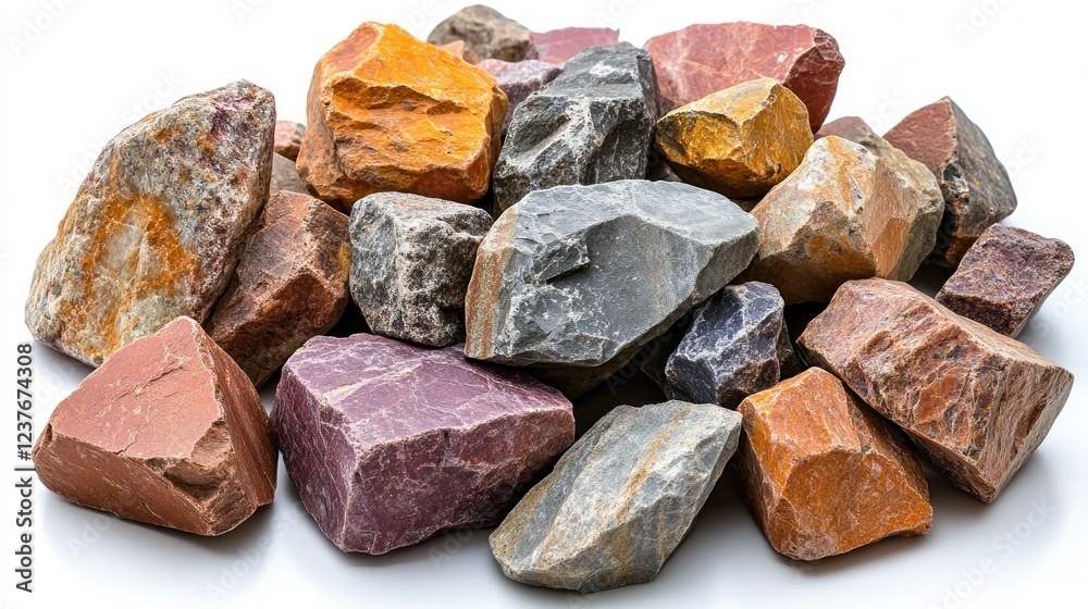 Colorful rocks pile isolated on white background, geology texture Colorful rocks pile isolated on white background, geology texture