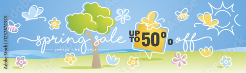 Spring Sale up to 50 percent off. Handwritten typography. Line design with colorful spring elements on the beach with green grass background