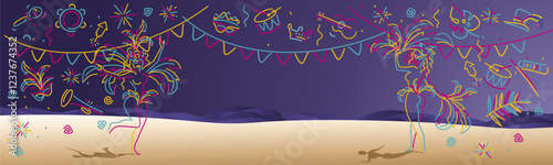 Rio Carnival 2025. Beautiful handwriten line design mask drums rattles guitar fanfare tambourine crown tiara plants flags ribbons sparkle firework confetti dancers on the beach with a purple night sky