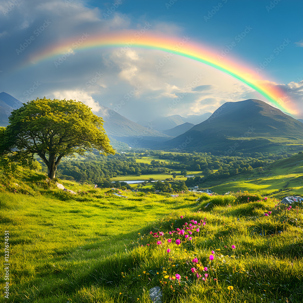 Obraz premium Majestic Rainbow over Green Valley Mountain Landscape