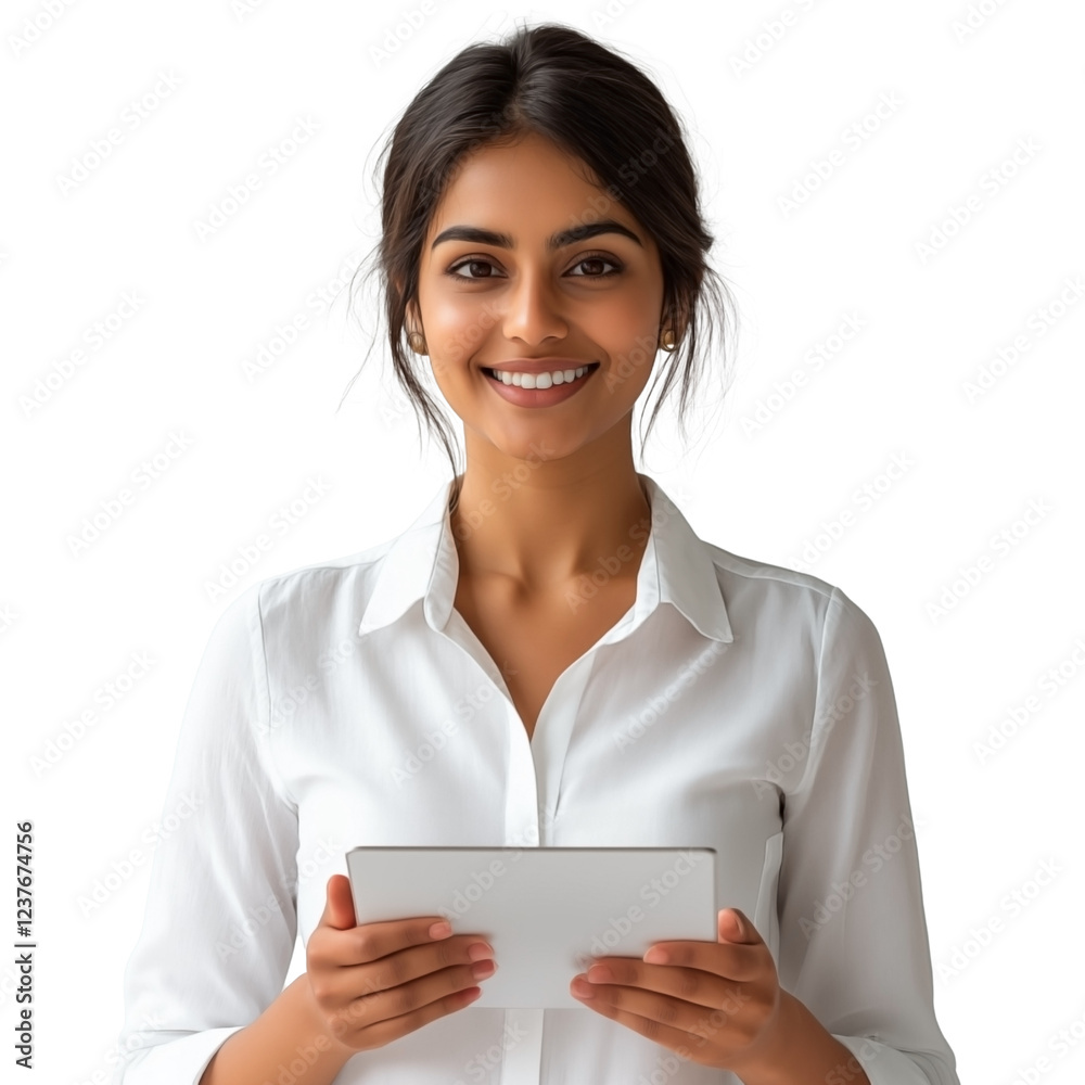 Smiling Indian businesswoman using tablet computer, isolated background Smiling Indian businesswoman using tablet computer, isolated background