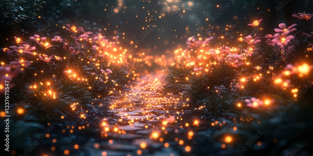 Fototapeta premium Enchanted Glowing Flower Path: A Digital Fantasy Landscape