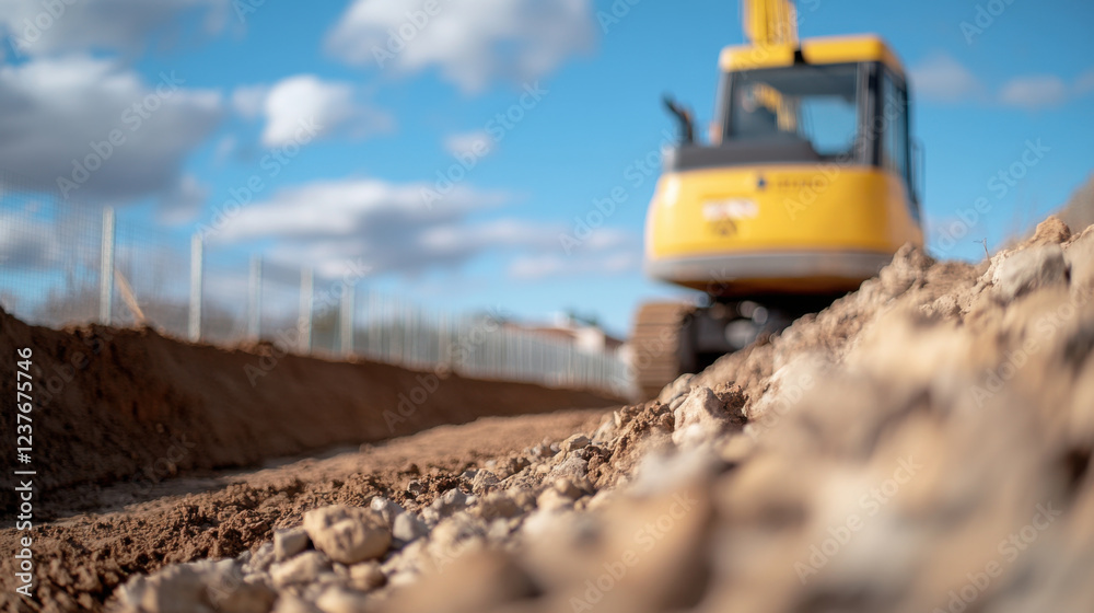 Excavator working on construction site with dirt and rocks. blue sky adds vibrant backdrop to machinery, showcasing engineering process in action Excavator working on construction site with dirt and rocks. blue sky adds vibrant backdrop to machinery, showcasing engineering process in action