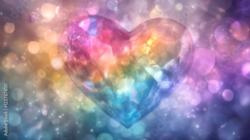 Rainbow Crystal Heart Glowing Bokeh Background
