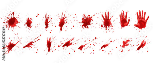 red blood splatter handprints on white background