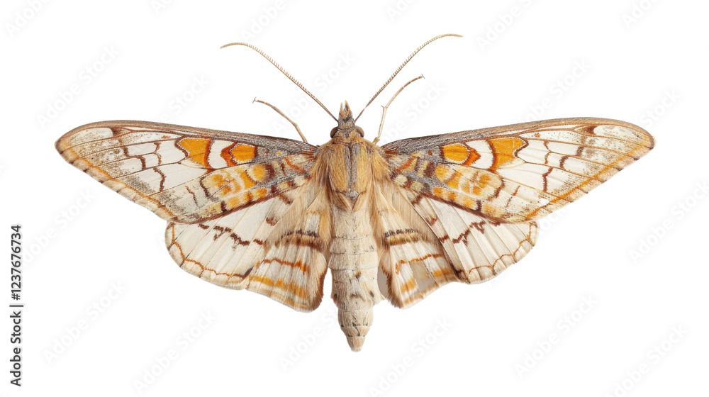 Obraz premium Orange and white moth isolated on transparent background showing wings and antennae