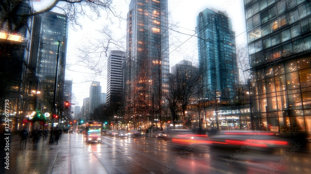 Naklejka premium Rainy Cityscape Urban Street View Traffic Lights Skyscrapers