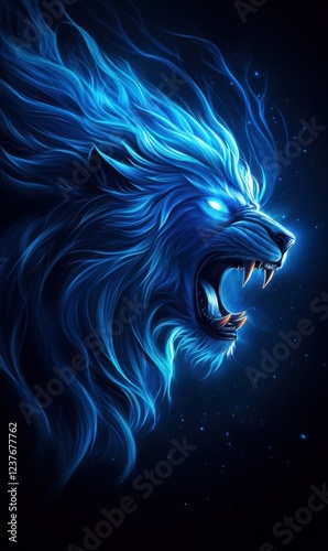 Majestic Blue Lion Roaring in Darkness with Glowing Mane and Intense Eyes for Art and Design Projects