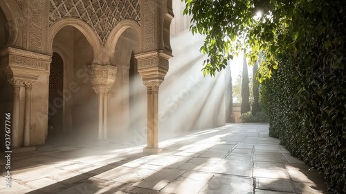 Sunbeams Illuminating Alhambra Courtyard.
