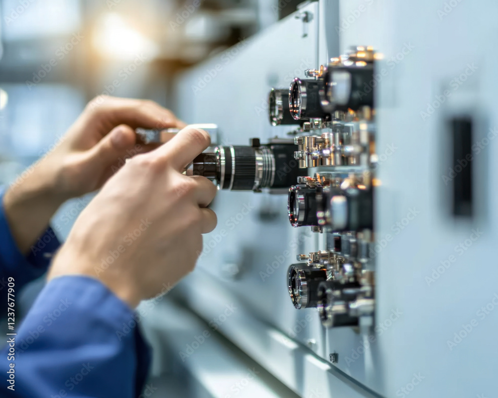 Technician adjusting equipment in control panel, ensuring proper functionality and maintenance. focus is on precision and technical expertise in professional environment Technician adjusting equipment in control panel, ensuring proper functionality and maintenance. focus is on precision and technical expertise in professional environment