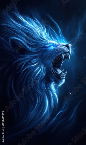 Majestic Blue Lion with Glowing Mane Roaring in a Dark Enigmatic Background to Showcase Power and Strength